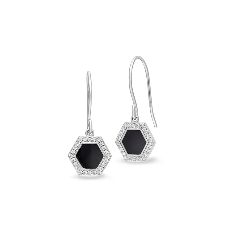 Platinum Finish Sterling Silver Micropave Black Enamel Hexagon Earrings with Simulated Diamonds