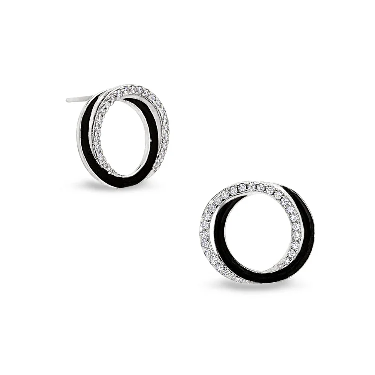 Platinum Finish Sterling Silver Micropave Double Open Circle Earrings with Black Enamel and Simulated Diamonds