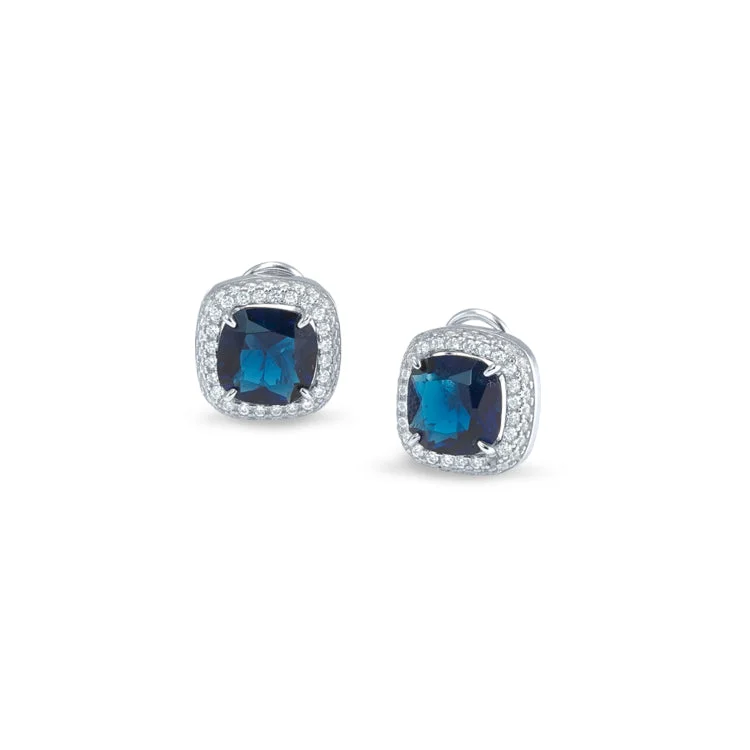 Platinum Finish Sterling Silver Micropave Emerald Cut Earrings Synthetic Blue Sapphire and Simulated Diamonds