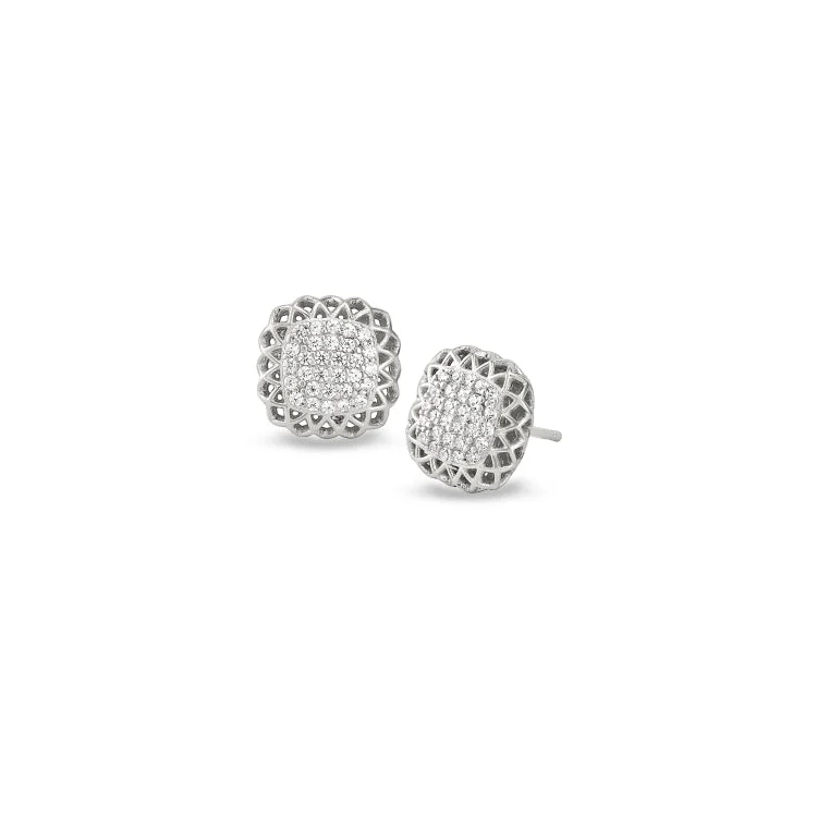 Platinum Finish Sterling Silver Micropave Pillow with Filigree Edge Earrings with Simulated Diamonds