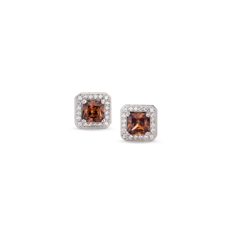 Platinum Finish Sterling Silver Micropave Princess Cut Brown Earrings with Simulated Diamonds