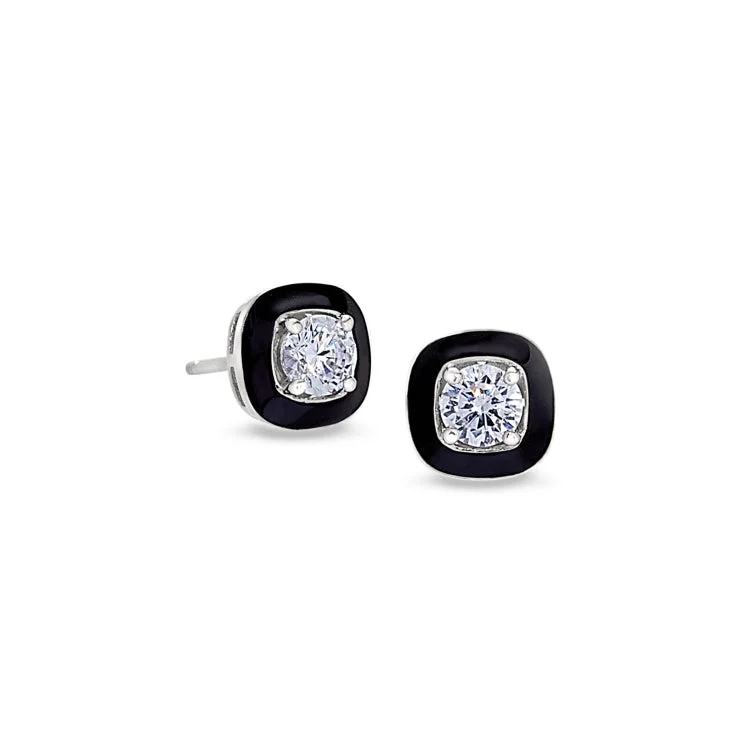 Platinum Finish Sterling Silver Micropave Small Cushion Cut Earrings with Black Enamel and Simulated Diamonds