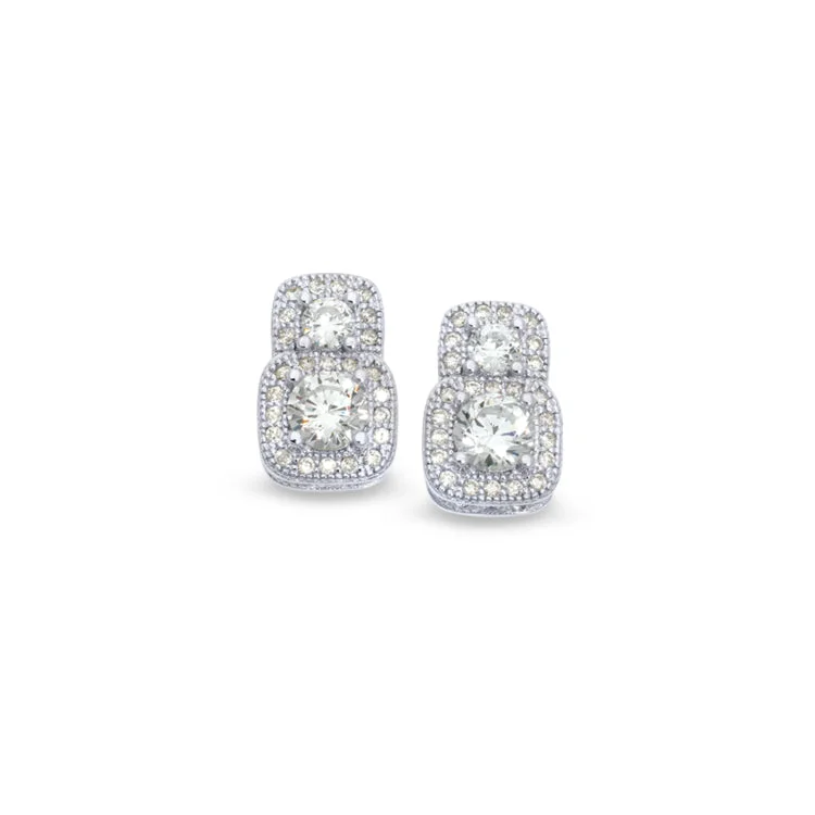 Platinum Finish Sterling Silver Micropave Two Stone Earrings with 54 Simulated Diamonds