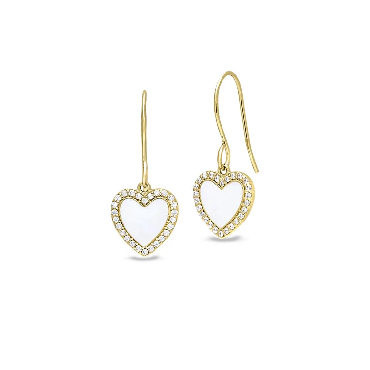 Platinum Vermeil Sterling Silver Micropave White Enamel Heart Earrings with Simulated Diamonds