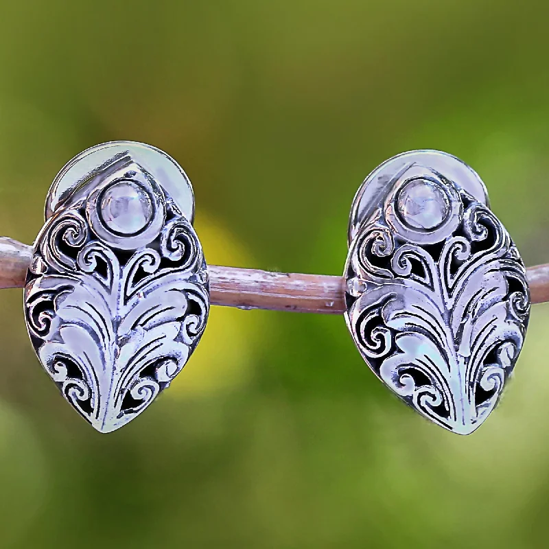 Pointed Elegance Sterling Silver Scrolling Leaf Motif Drop Earrings from Bali