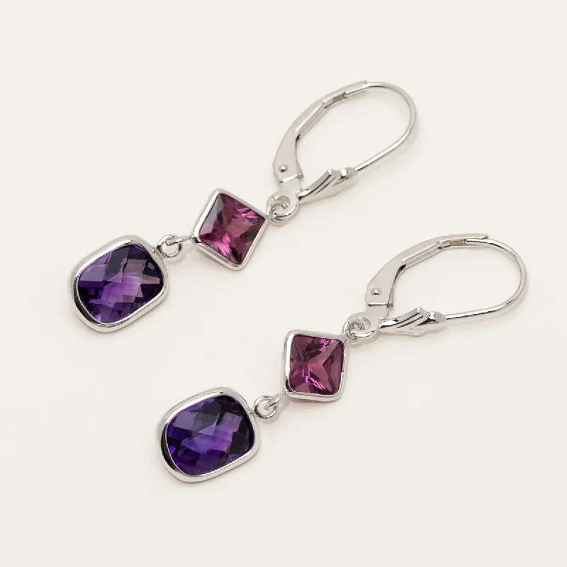 Princess Cut Rhodolite Garnet and Cushion Amethyst Drop Earrings in 14kt White Gold