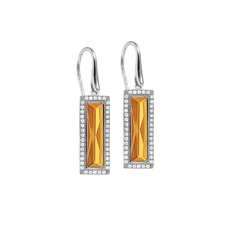 Rhodium Finish Sterling Silver Earrings with Rectangular Simulated Citrine Stones and Simulated Diamonds