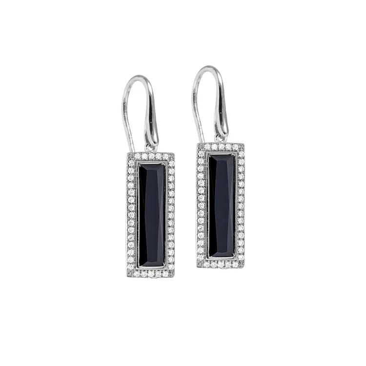 Rhodium Finish Sterling Silver Earrings with Rectangular Simulated Onyx Stones and Simulated Diamonds