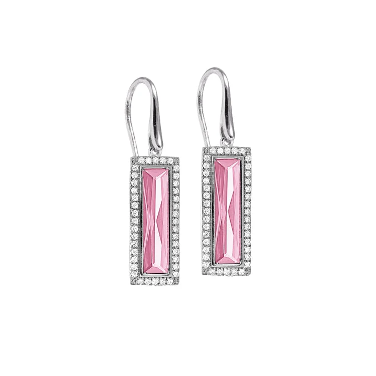 Rhodium Finish Sterling Silver Earrings with Rectangular Simulated Pink Sapphire Stones and Simulated Diamonds