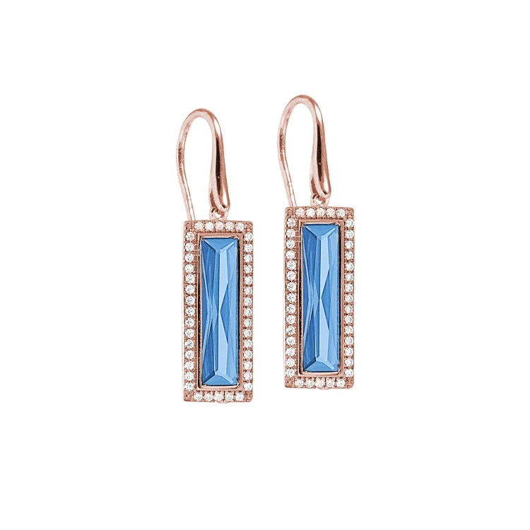 Rose Gold Finish Sterling Silver Earrings with Rectangular Simulated Blue Topaz Stones and Simulated Diamonds