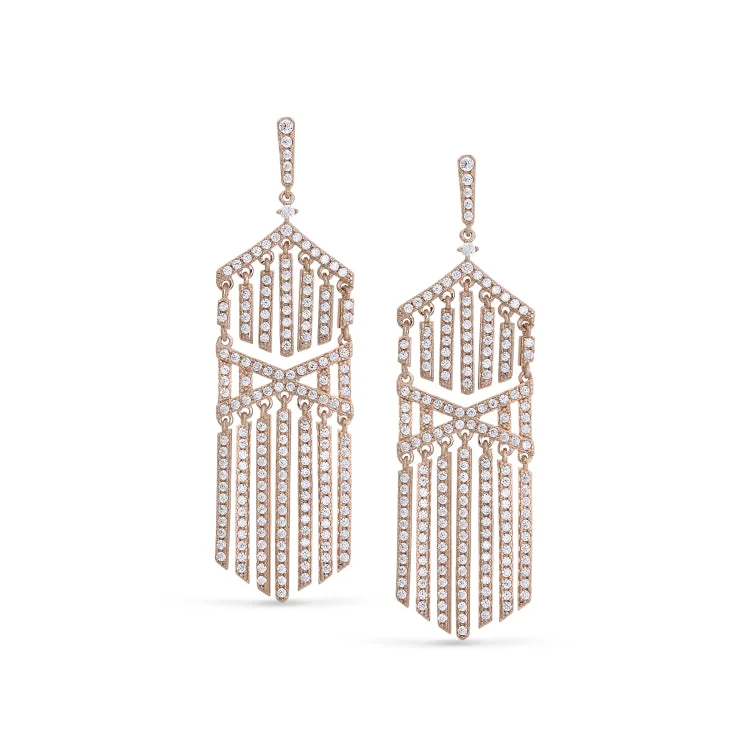 Rose Gold Finish Sterling Silver Micropave Cascade Earrings with Simulated Diamonds