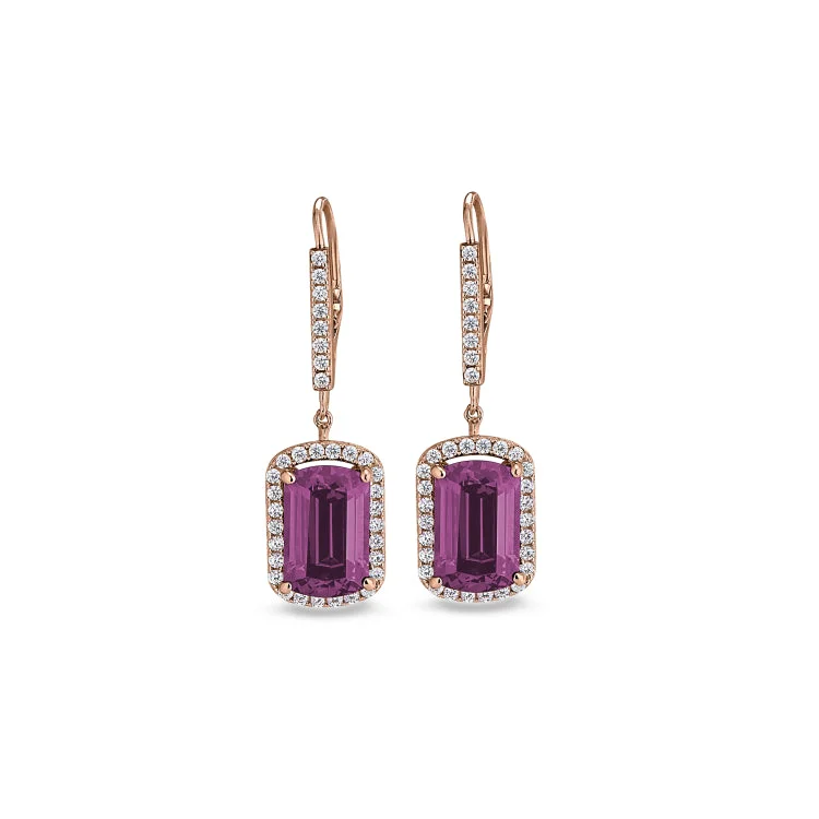 Rose Gold Finish Sterling Silver Micropave Emerald Cut Pink Stone Earrings with Simulated Diamongs