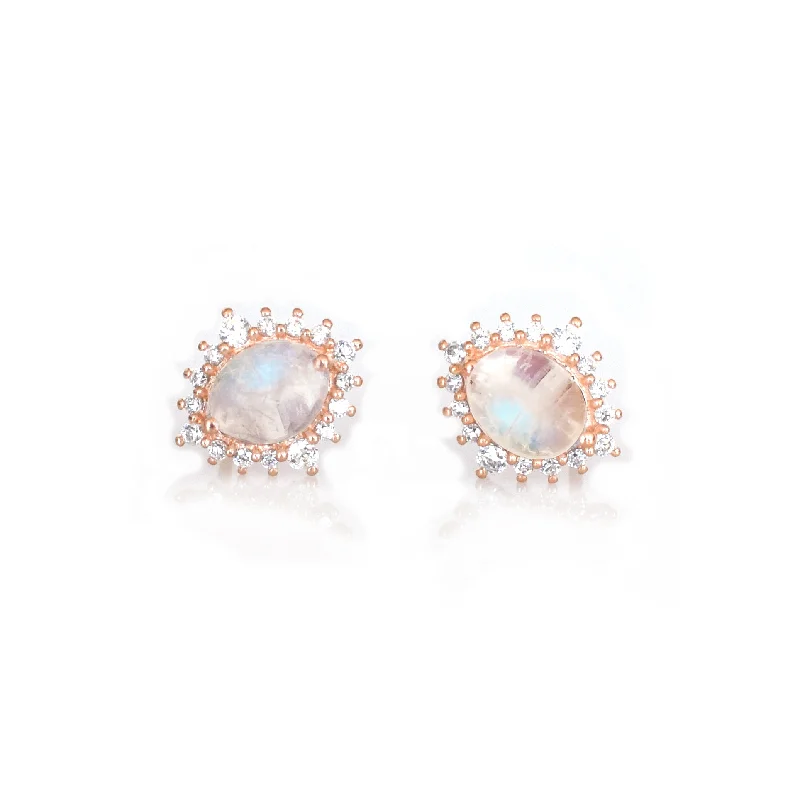 Rose Gold Rainbow Moonstone and Diamond Flowerburst Studs