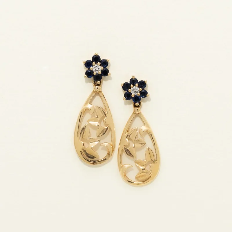 Sapphire Flower Drop Earrings in 10kt Yellow and White Gold with Diamonds (.04ct tw)