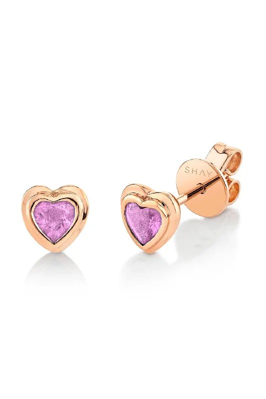 MINI ME PINK SAPPHIRE BEZEL HEART STUD EARRINGS