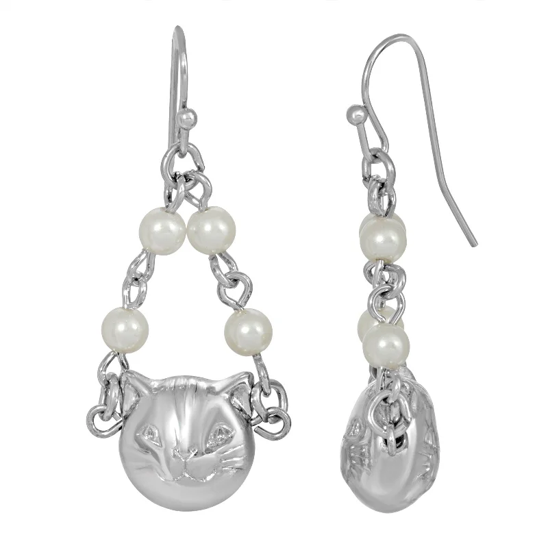 1928 Jewelry® Silver Tone Cat Faux Pearl Drop Earrings