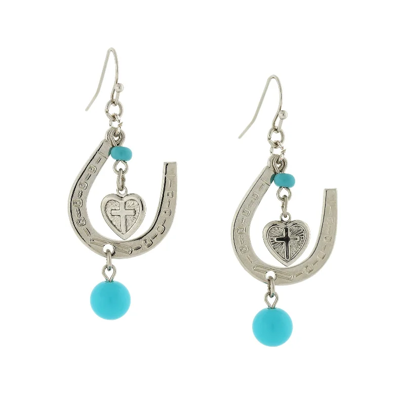 1928 Jewelry® Silver-Tone Imitiation Turquoise Horseshoe And Suspended Heart Drop Earrings