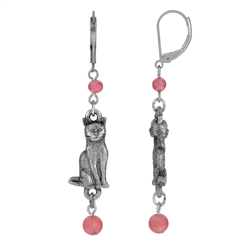 1928 Jewelry® Silver Tone Pink Bead Cat Drop Earrings