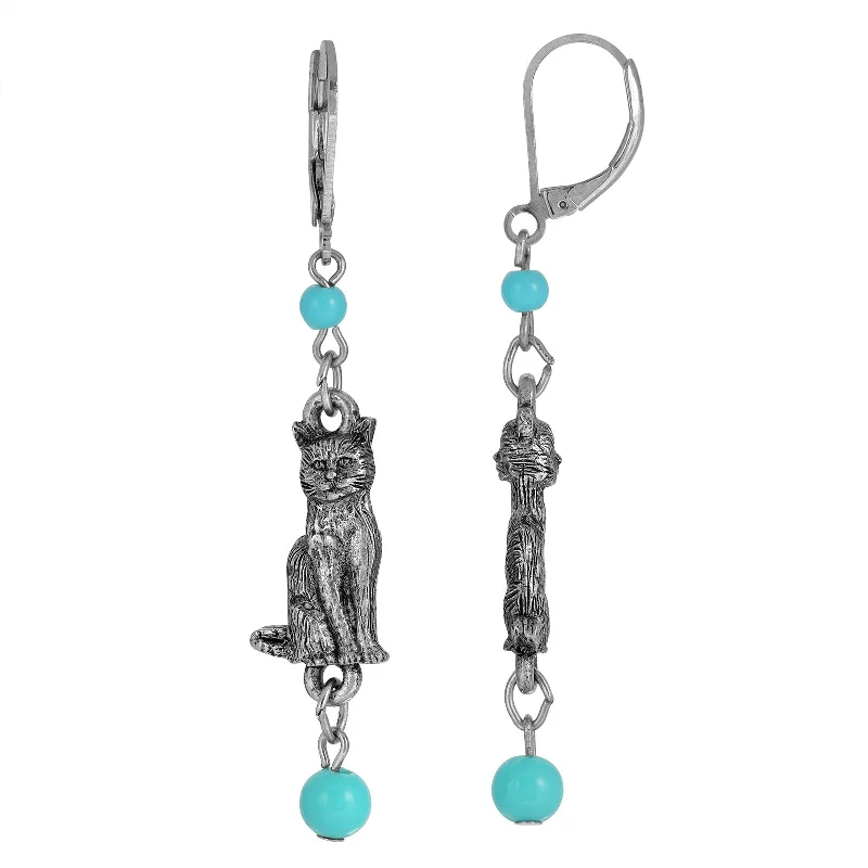 1928 Jewelry® Silver Tone Turquoise Bead Cat Drop Earrings