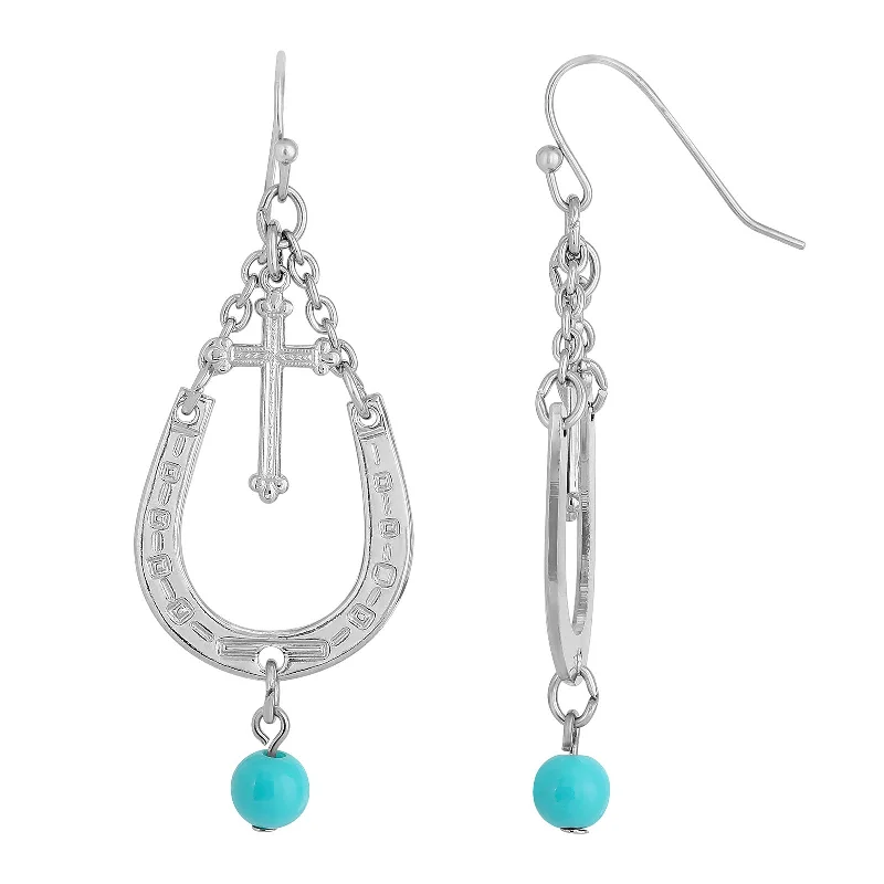 1928 Jewelry® Silver-Tone With Imitation Turquoise Accent Horseshoe And Cross Drop Earrings