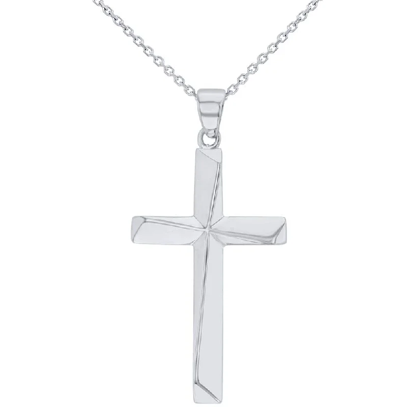 Solid 14K Gold Elegant Religious Plain Cross Pendant Necklace - White Gold