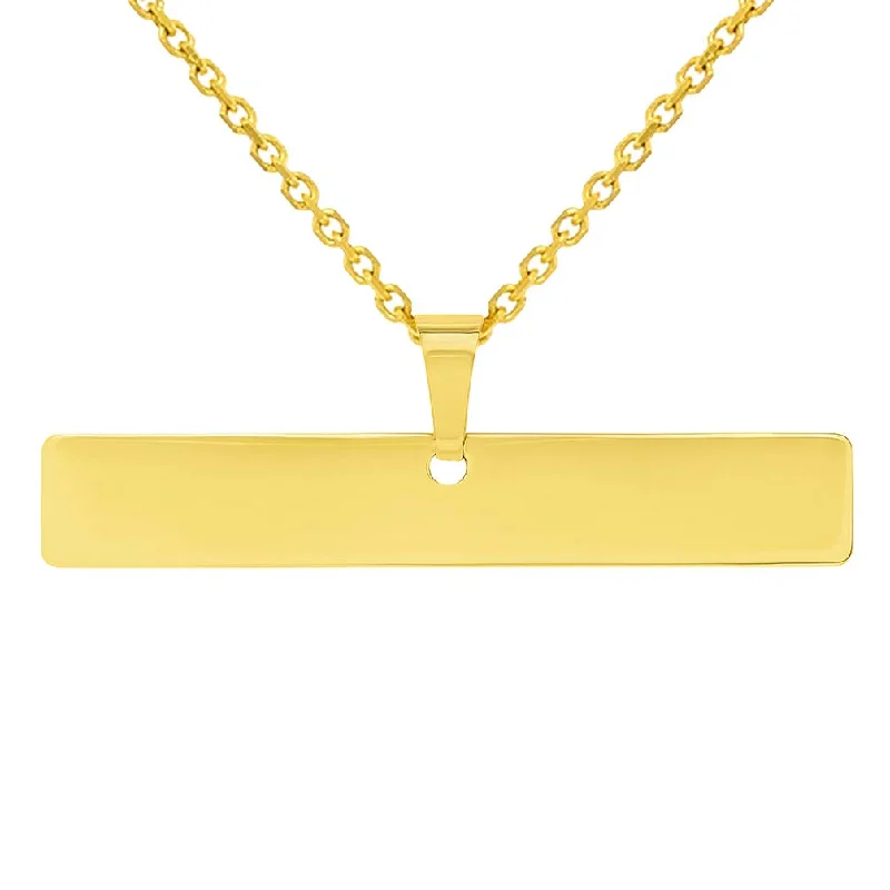 Solid 14k Yellow Gold Engravable Personalized Horizontal Bar Charm Pendant with Cable, Curb, or Figaro Chain Necklaces