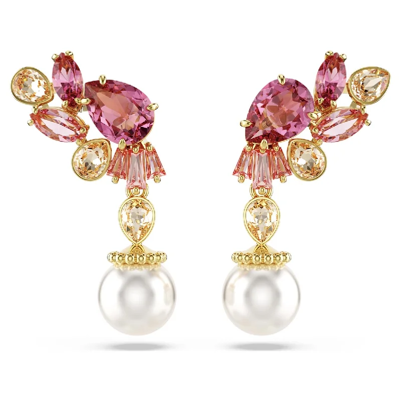 Swarovski Gema Pink Crystal Pearl Flower Drop Earrings