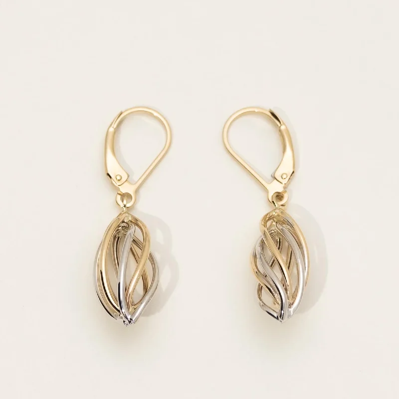 Swirl Leverback Drop Earrings in 14kt Yellow and White Gold