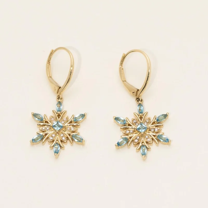 Swiss Blue Topaz Snowflake Drop Earrings in 14kt Yellow Gold with Diamonds (1/10ct tw)