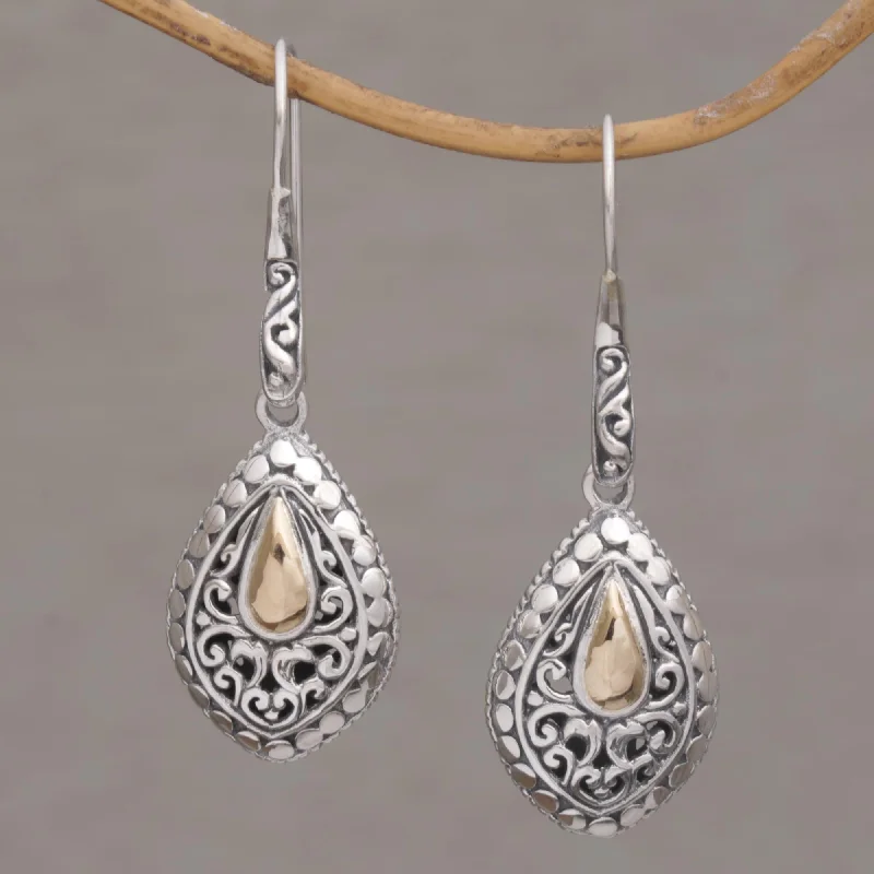 Teardrop Dew Hand Crafted Sterling Silver and 18K Gold Plated Earrings