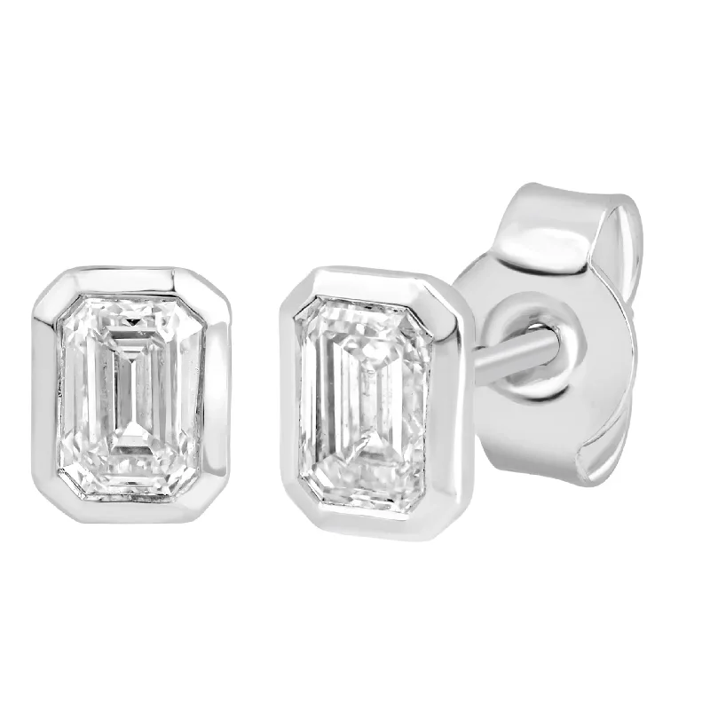 White Gold Diamond Emerald Cut Bezel Stud Earrings