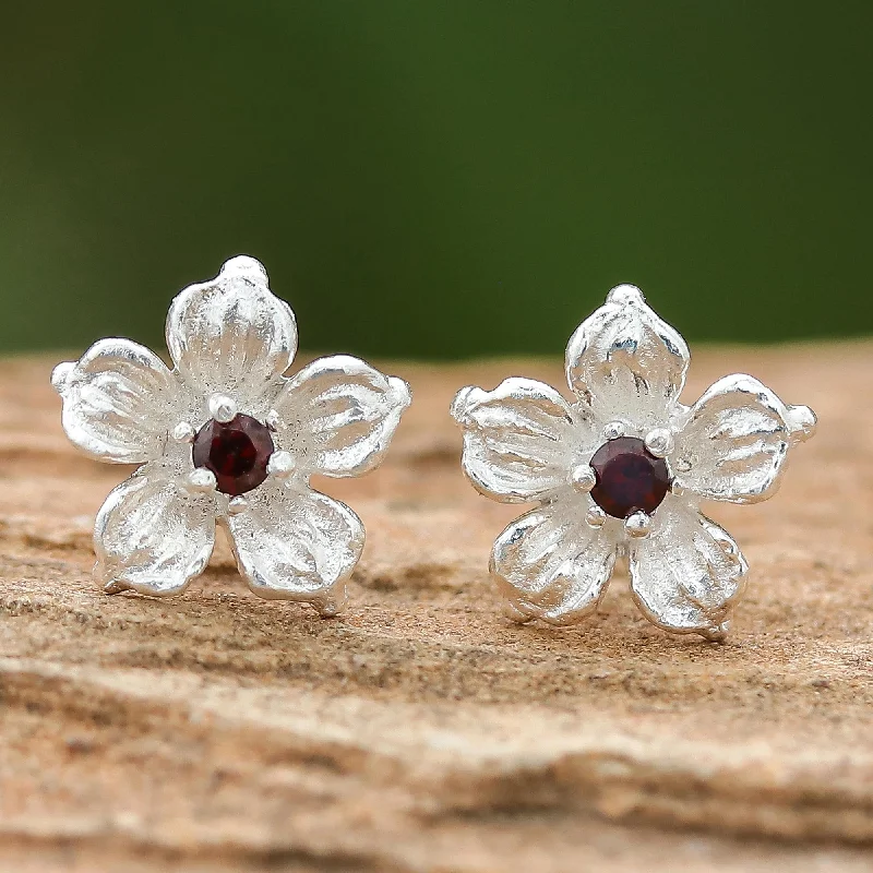 Winter Blooms Floral Garnet Stud Earrings from Thailand