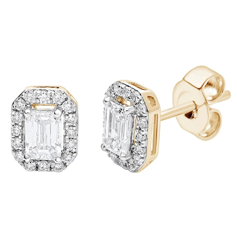 Yellow Gold Diamond Emerald Cut Halo Stud Earrings