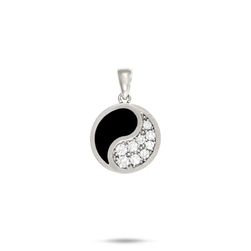 Yin Yang Black Coral Pendant in White Gold with Diamonds- 15mm