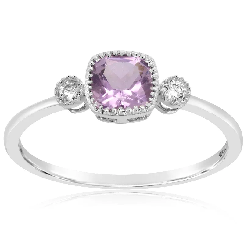 Amethyst & Diamond Three Stone Ring