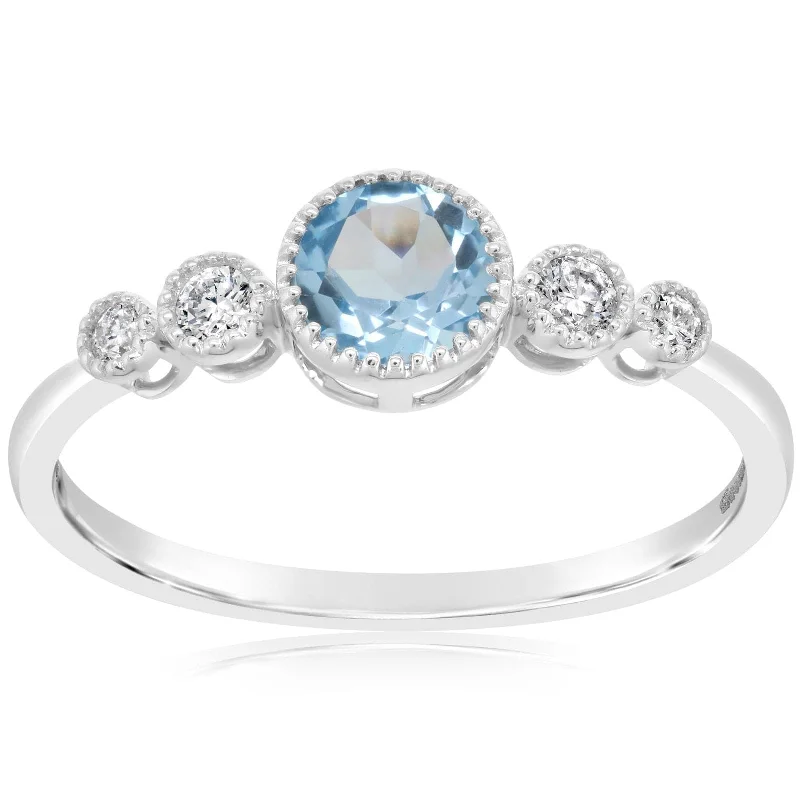 Bezel Set Aquamarine & Diamond Ring with Milgrain Details