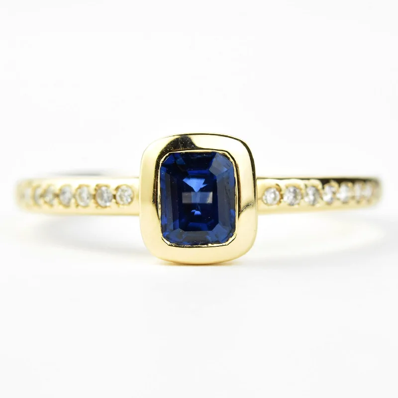 Bezel Set Blue Sapphire and Diamond Solitaire