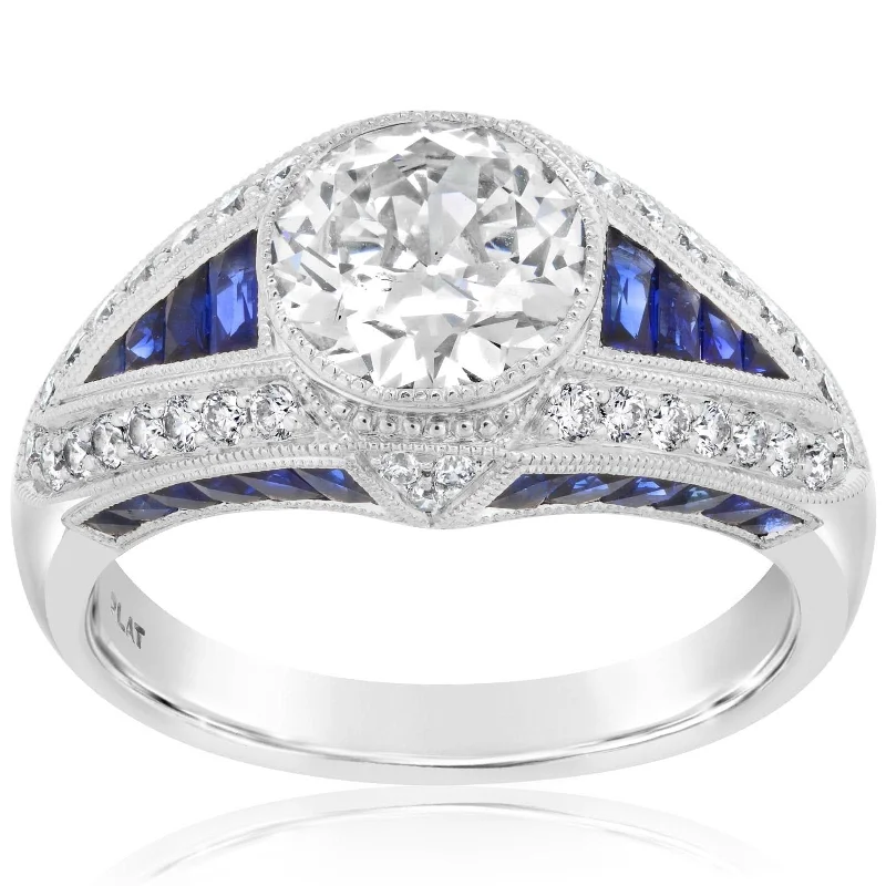 Estate Old European Cut Diamond & Sapphire Ring