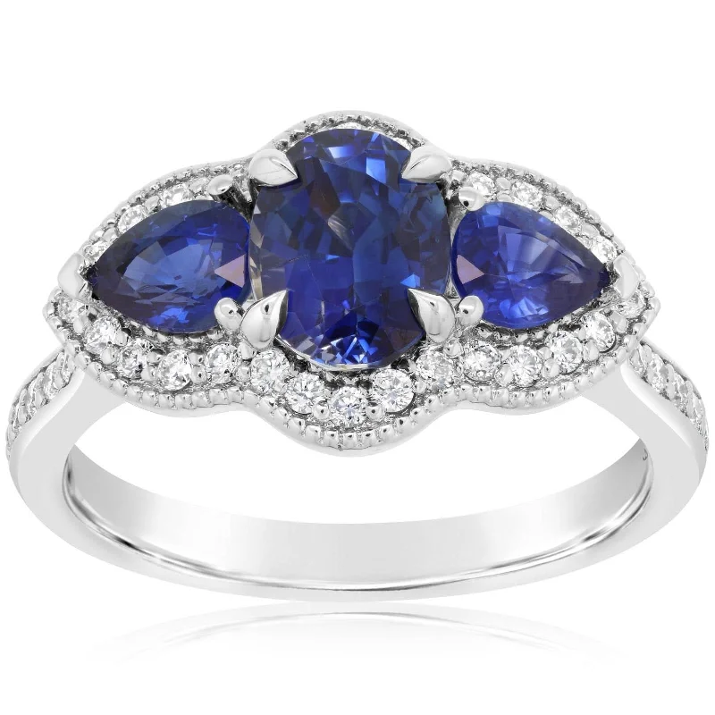 Sapphire & Diamond Three Stone Ring with Halo