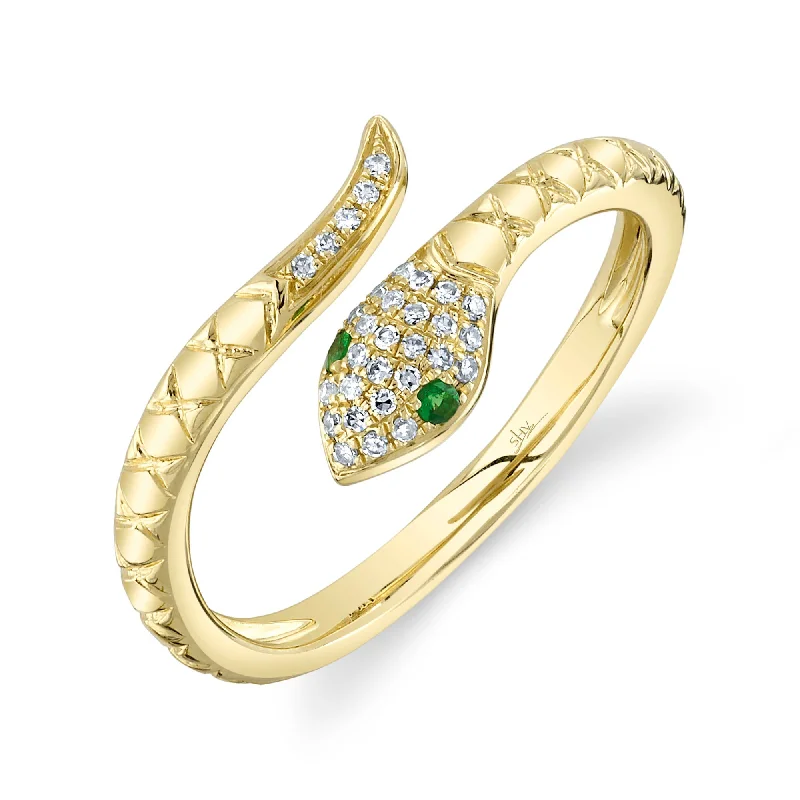 0.07CT DIAMOND & 0.02CT GREEN GARNET 14K Y/G SNAKE RING