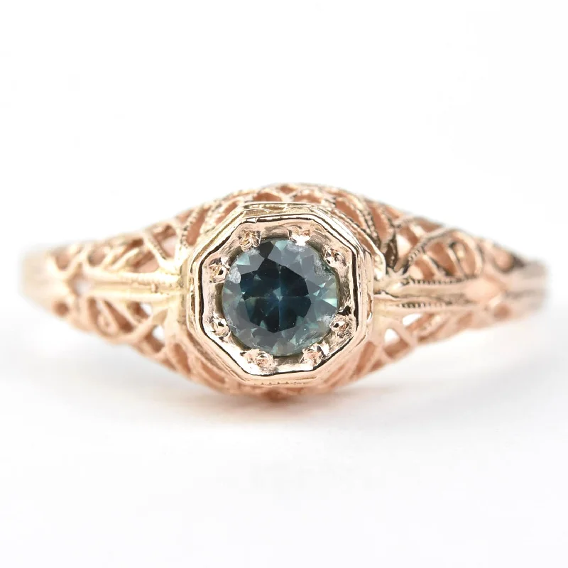 Teal Montana Sapphire Filigree Ring in 14k Rose Gold